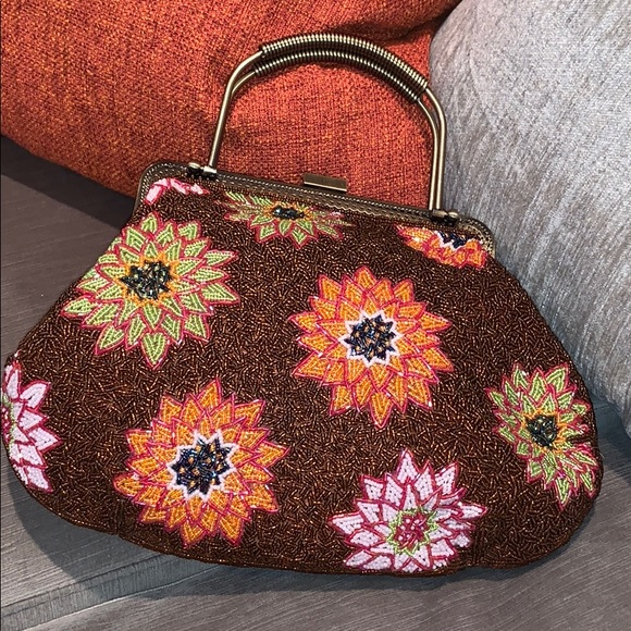 Floral Beaded Handbag with brass detail Large